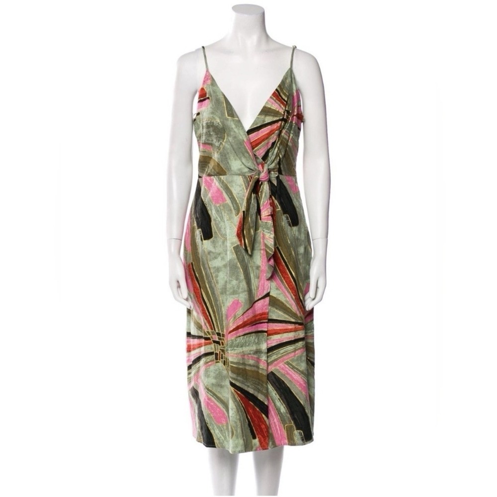 Jason Wu Linen Blend Surplice Faux Wrap Tie Midi Linen Dress Green Tropical Sz 4